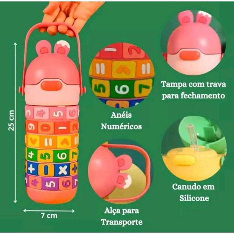 Garrafa Térmica 430Ml Inox Infantil Tabuada Números Interativa Educacional com Cores de Contas Giratórias Lancheira