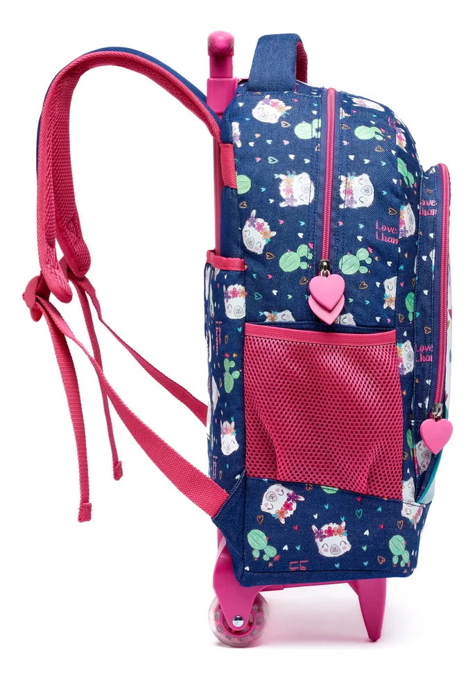 Kit Mochila Escolar Menina Rodinha Puxador Lancheira Estojo